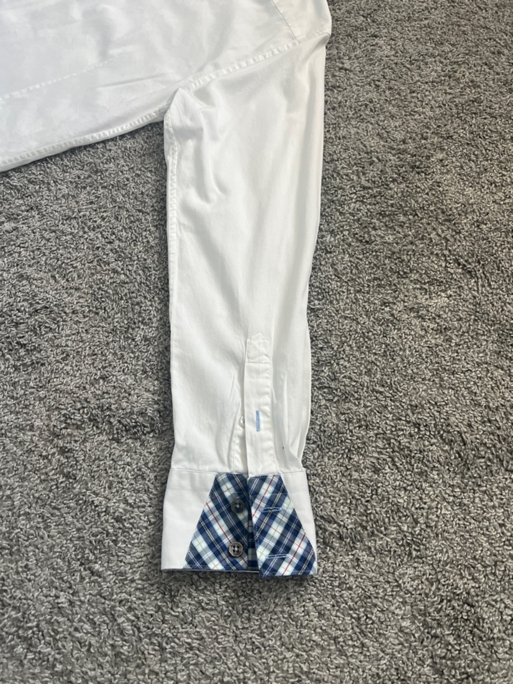 Bogosse White Men's Button-Down Shirt with Blue Plaid Trim Flip Cuffs Size 4 (L) - Picture 7 of 15